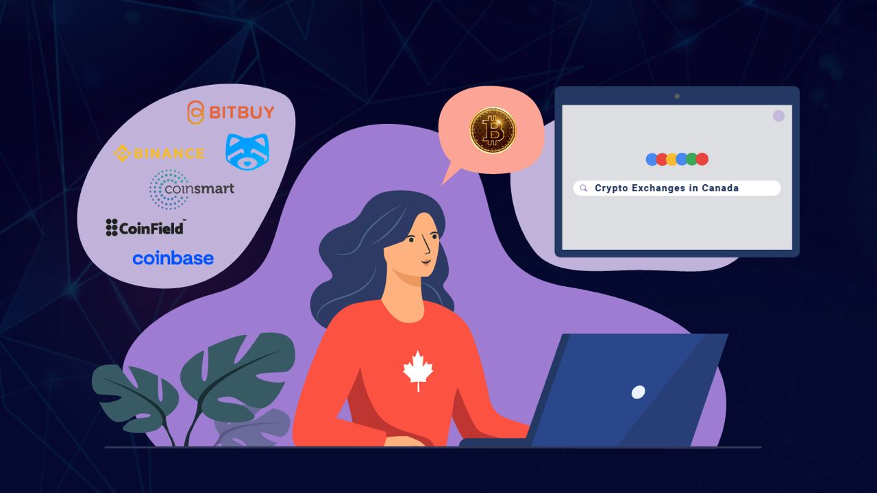 A woman with a Canadian maple leaf shirt searches for crypto exchanges in Canada on a laptop.