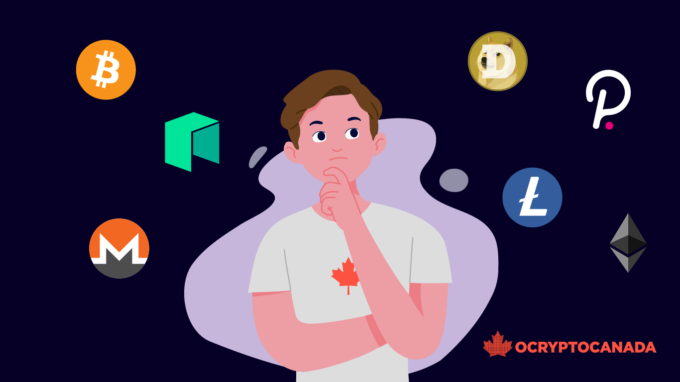 How to buy Bitcoin & other cryptocurrency in Canada: a person pondering various crypto logos.