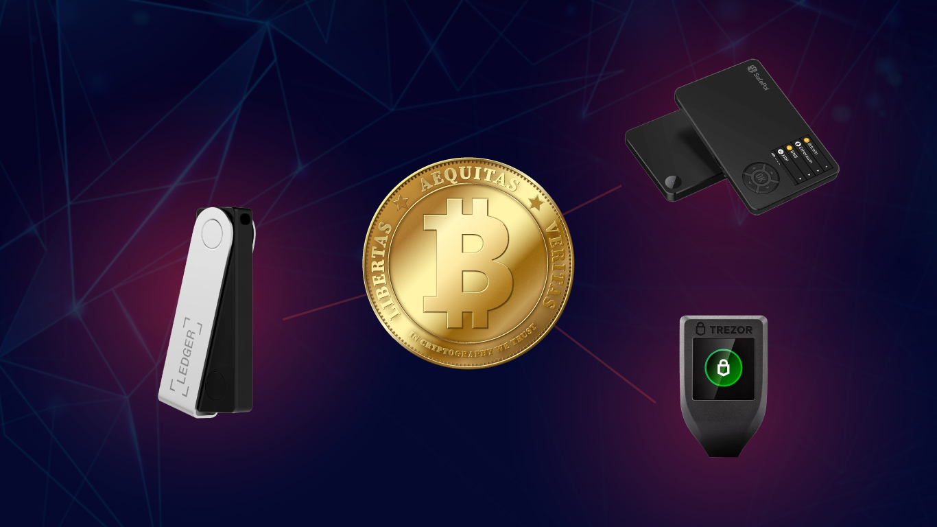Best Crypto Wallets For Canadians: a gold Bitcoin coin surrounded by Ledger, SafePal, and Trezor hardware wallets.