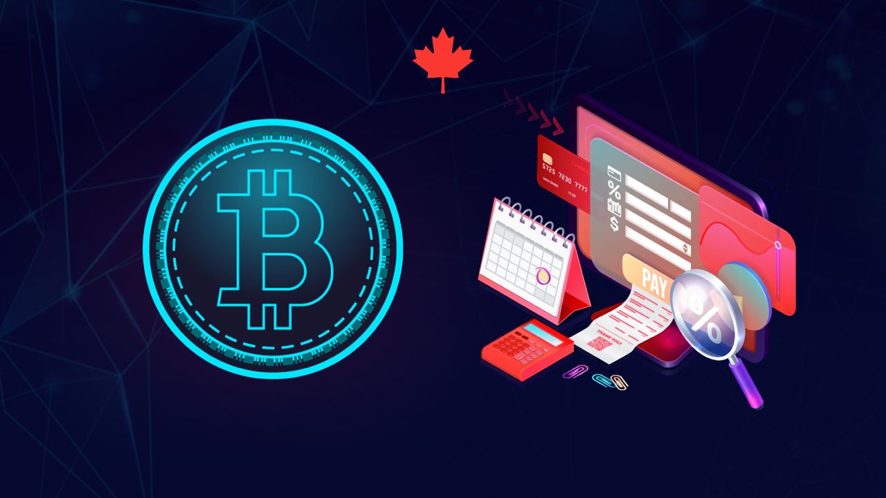 Bitcoin logo, Canadian maple leaf, and tax-related icons representing crypto taxation in Canada.
