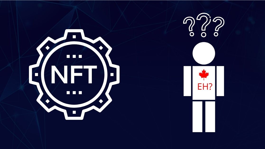 How to Buy NFTs in Canada: a gear icon with "NFT" and a confused person with a maple leaf and "EH?".