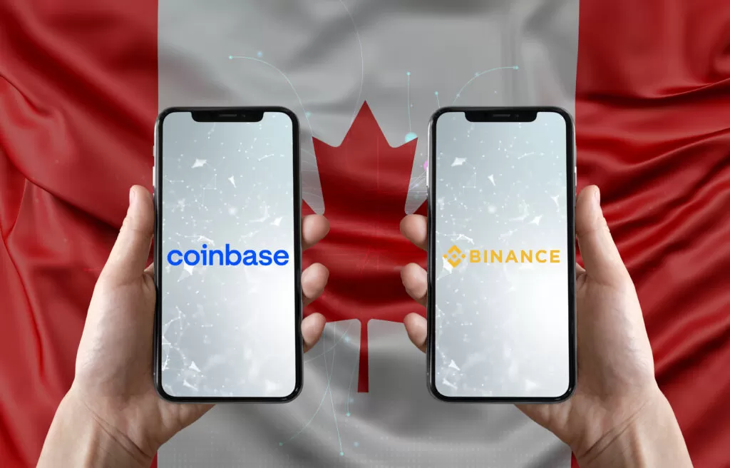 Coinbase VS Binance with Canadian flag background