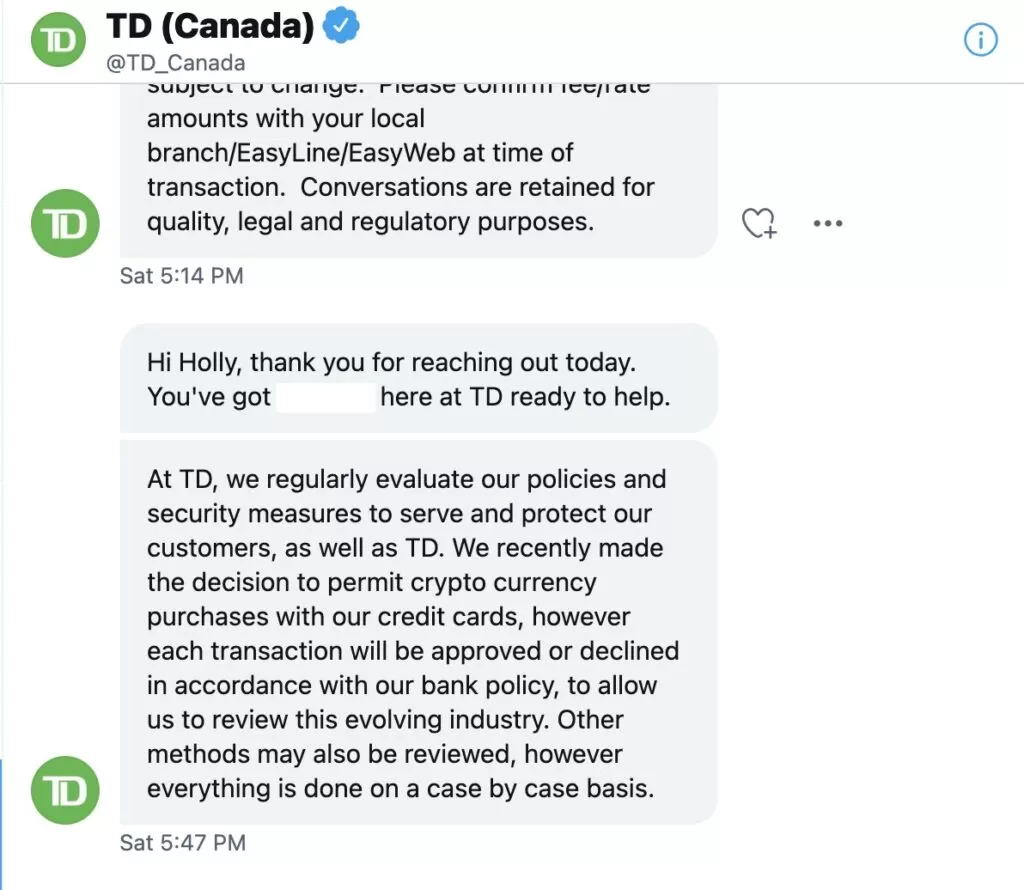 Chat with TD Canada Trust Bank bank about purchasing cryptocurrency