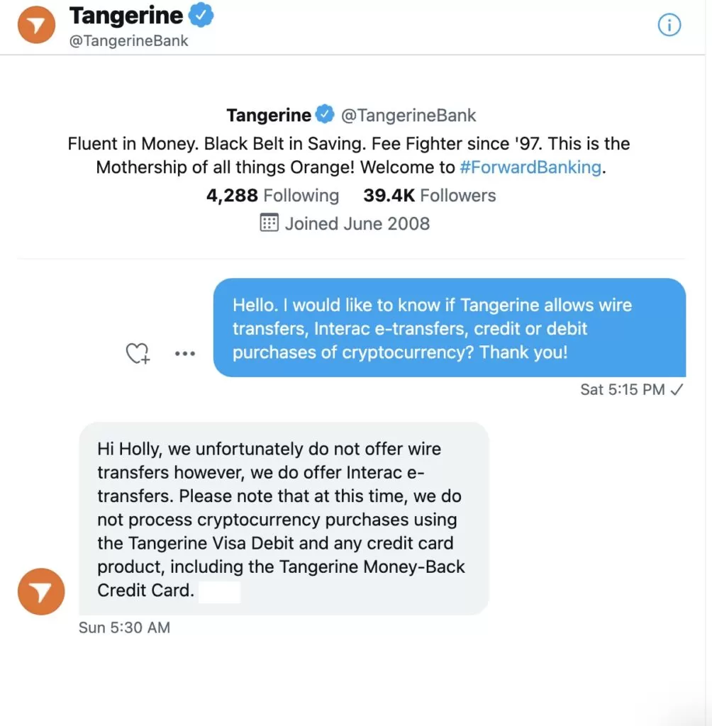Chat with Tangerine bank about purchasing cryptocurrency
