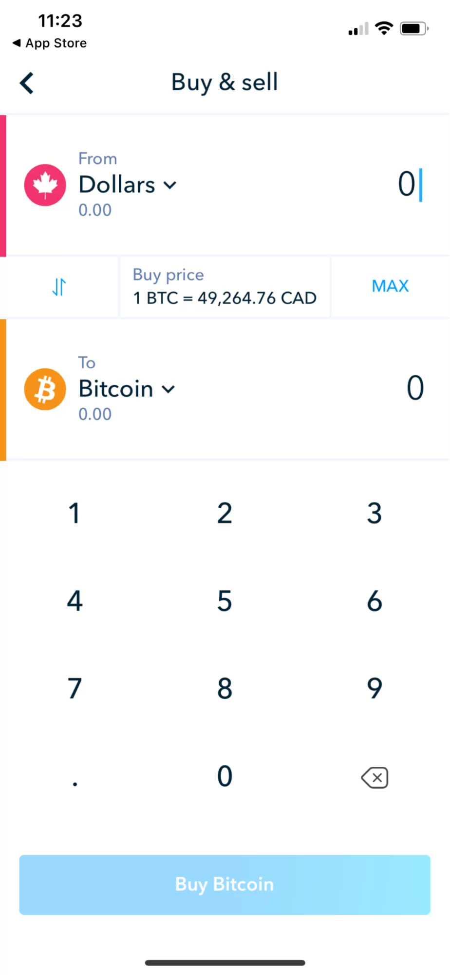 Shakepay app while trading