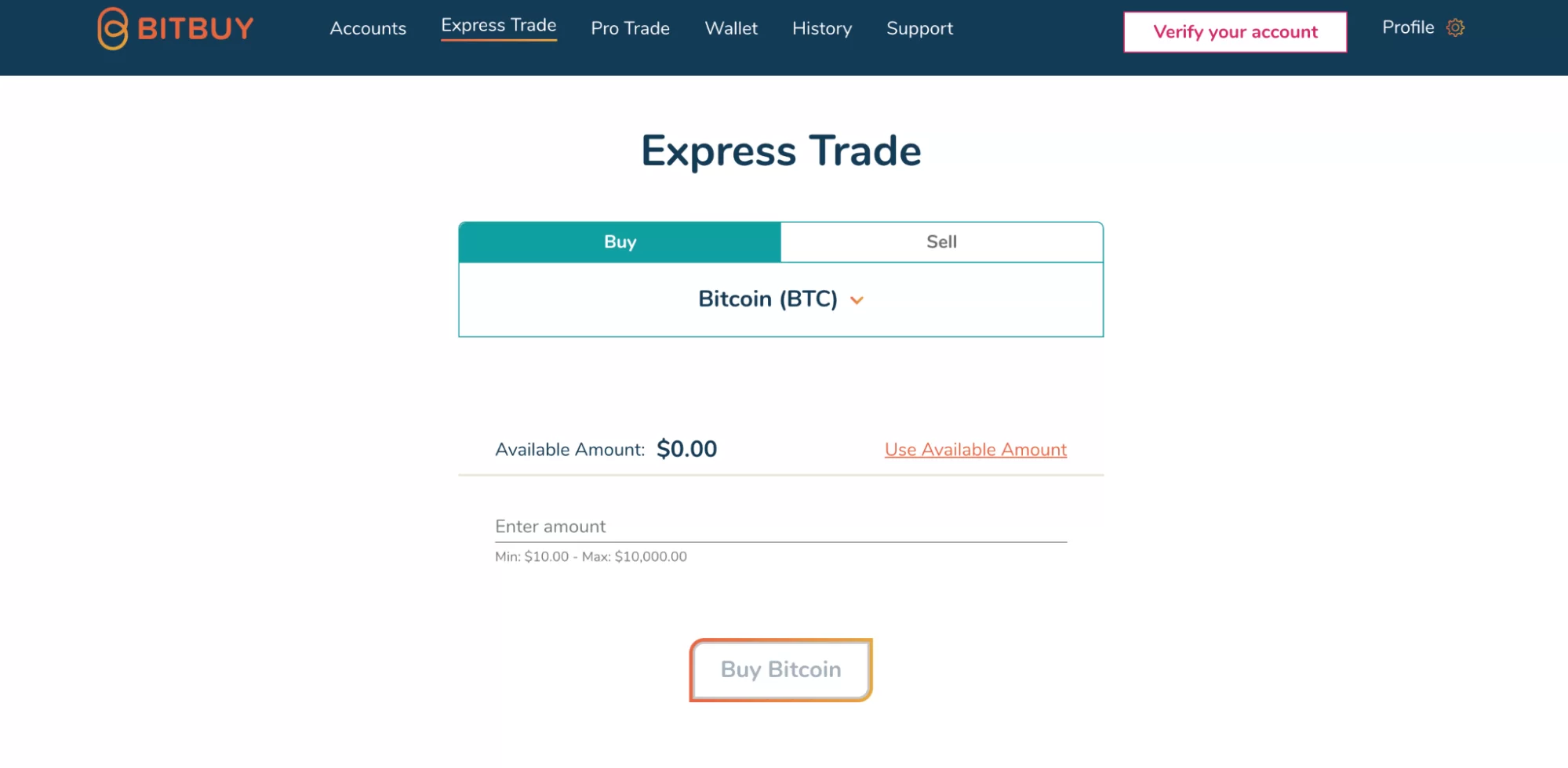 Express trade view for Bitbuy crypto exchange