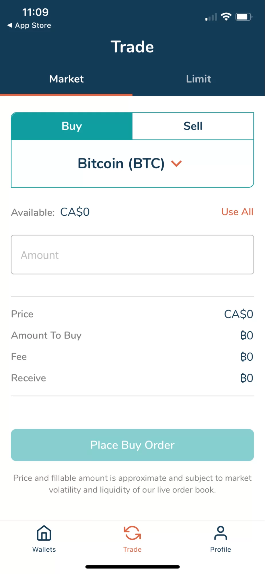 BitBuy's mobile app interface showing the "Trade" screen with Bitcoin (BTC) selected for a market buy order.