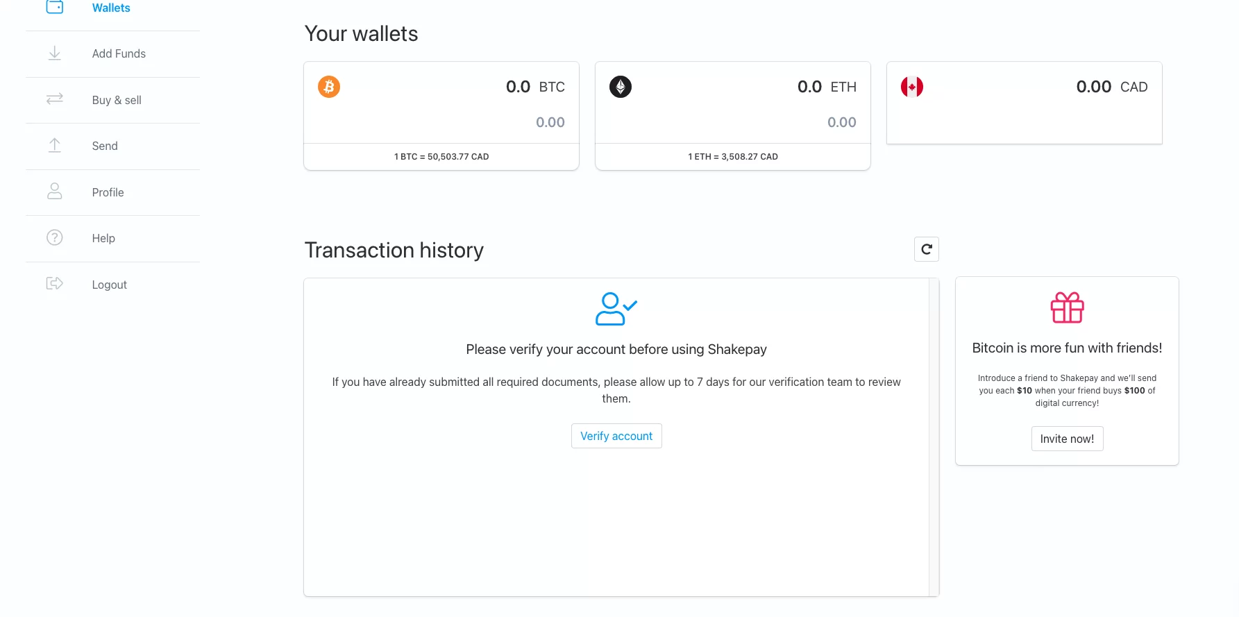 Wallet and transaction history interface in Shakepay app