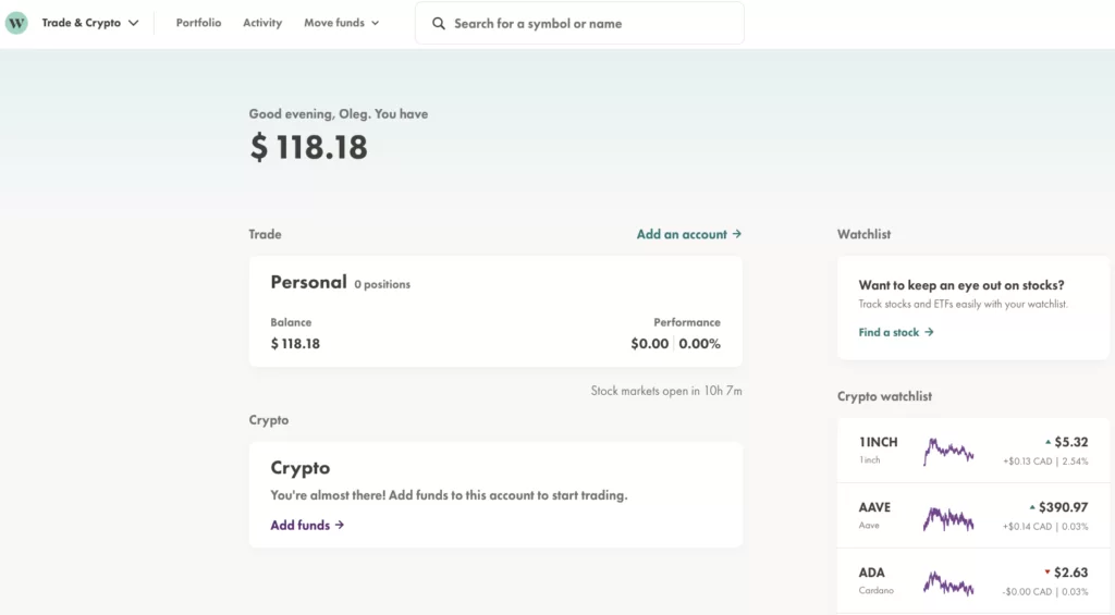 Wealthsimple crypto trading main screen