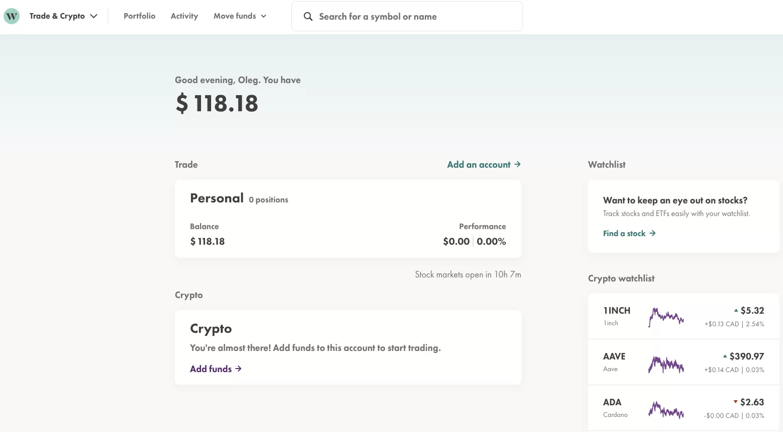 Wealthsimple crypto trading main screen