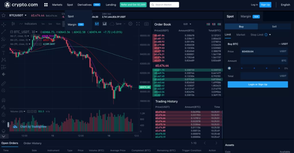 Crypto.com advanced trading view