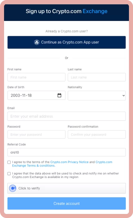 Crypto.com Review: Screenshot of the Crypto.com Exchange sign-up form with fields for personal details.