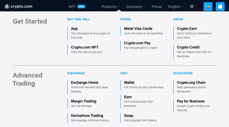 Crypto.com Review: a screenshot of the Crypto.com website showing various features like buying, selling, spending, and advanced trading opti