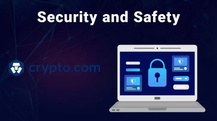Crypto.com Review: a laptop screen showing security icons, including a padlock and shield, with the Crypto.com logo.