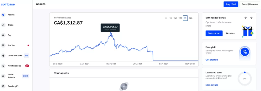 Coinbase main screen with features