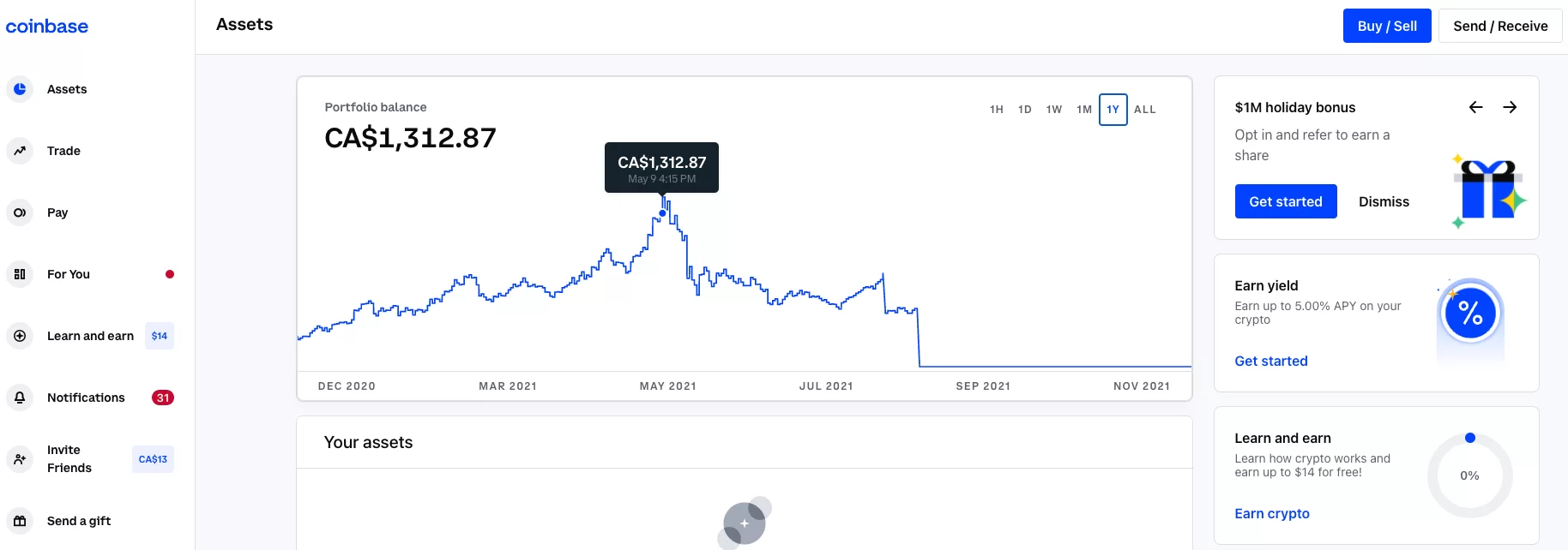 Coinbase main screen with features