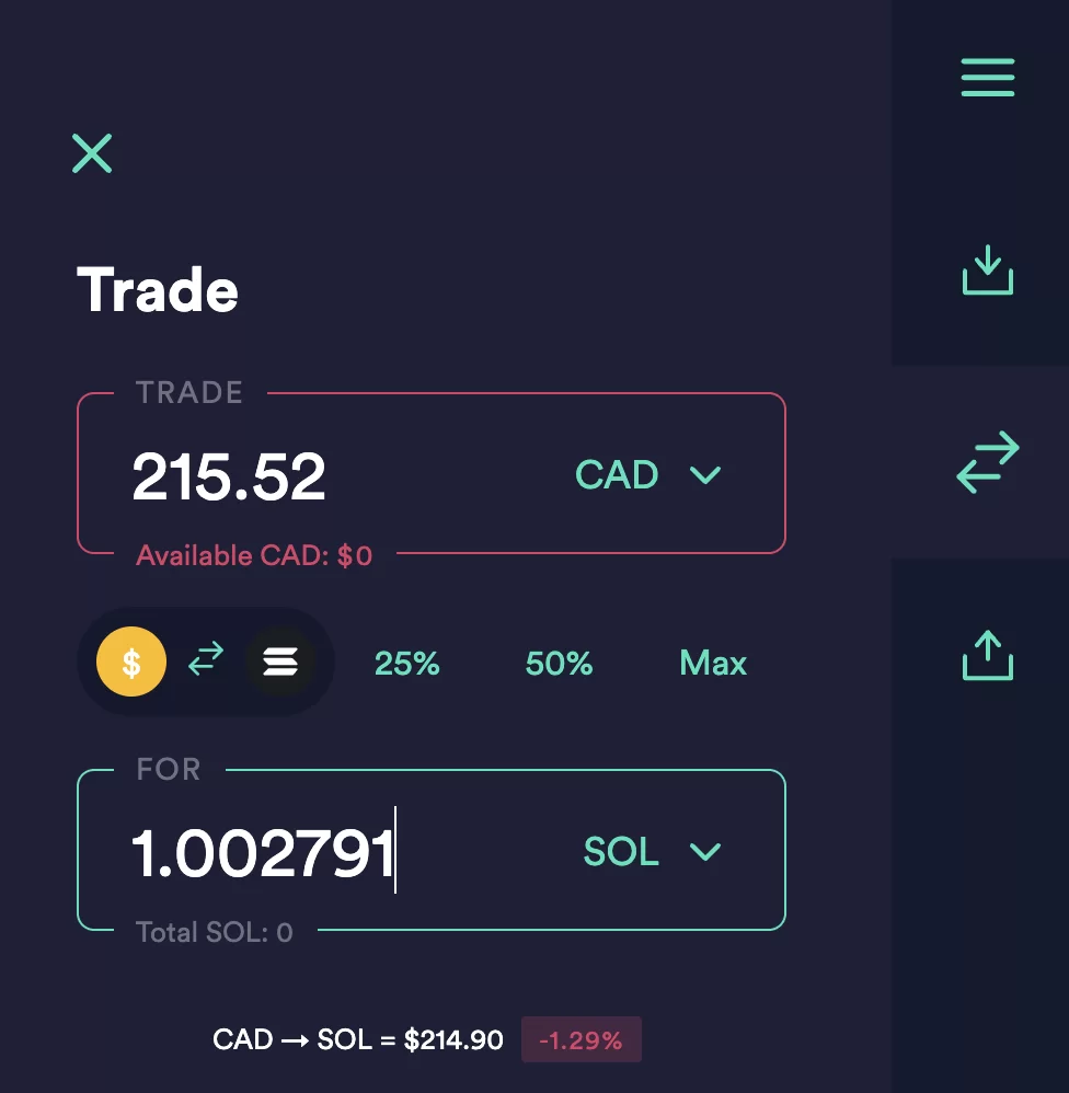 Buying Solana on Newton