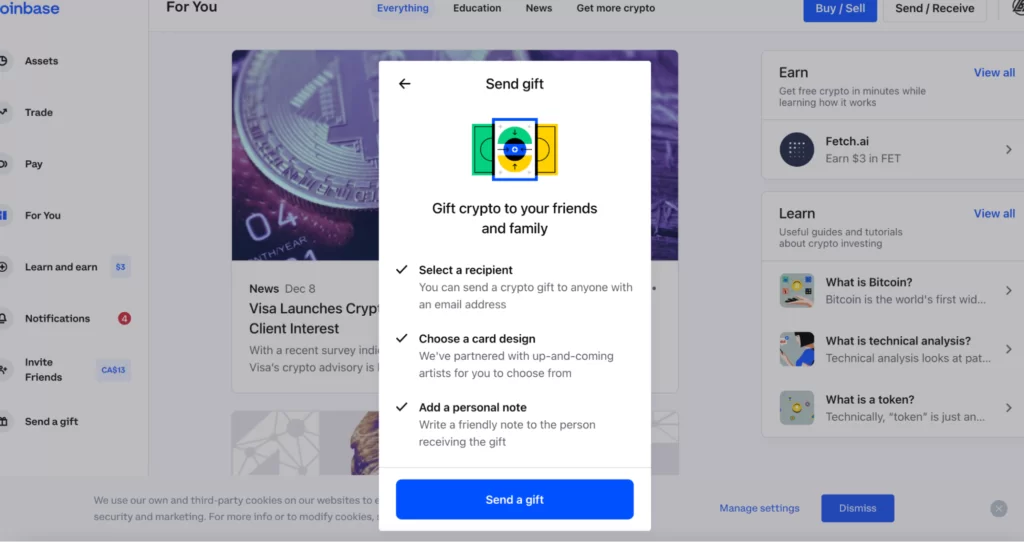 Reviewing Coinbase crypto gift feature