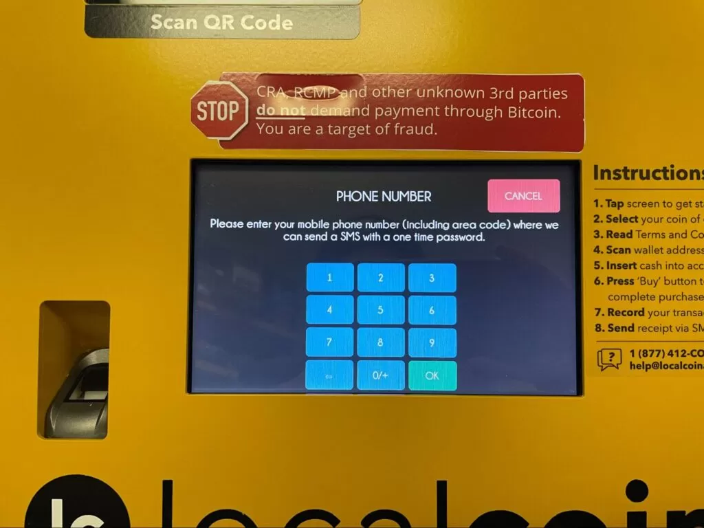 Entering phone number on Bitcoin ATM (step 4)
