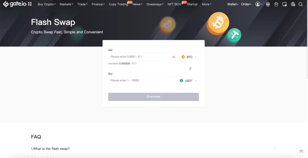 Gate.io flash swap screen