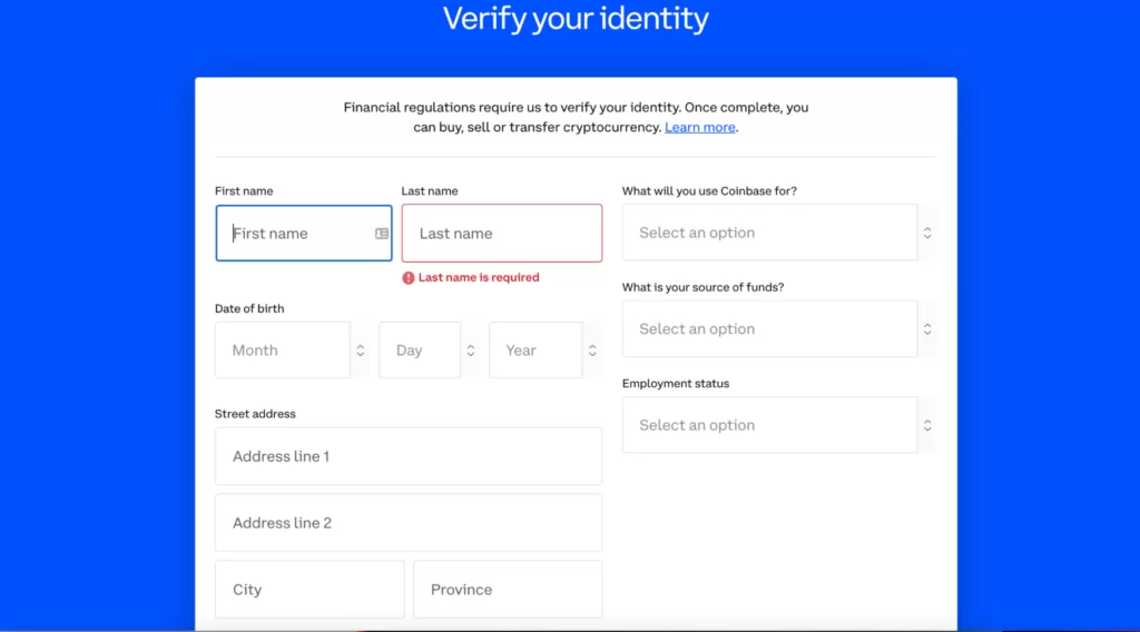 Reviewing Coinbase verification process (step 1)