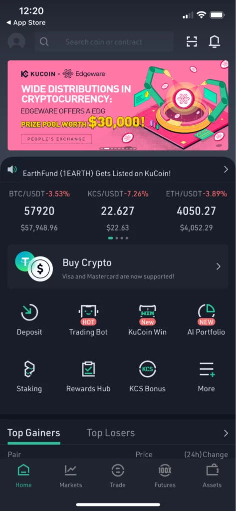 KuCoin mobile app main screen