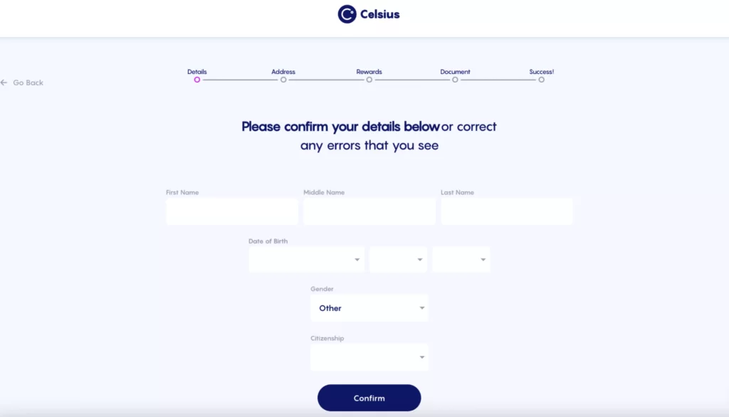 Celcius registration step 2