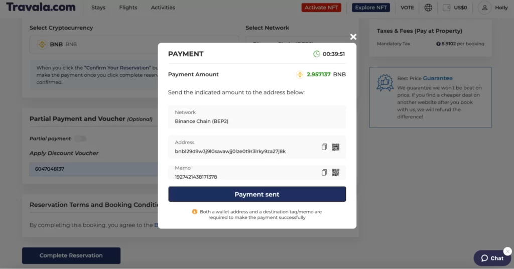 Proceeding with crypto payment on Travala