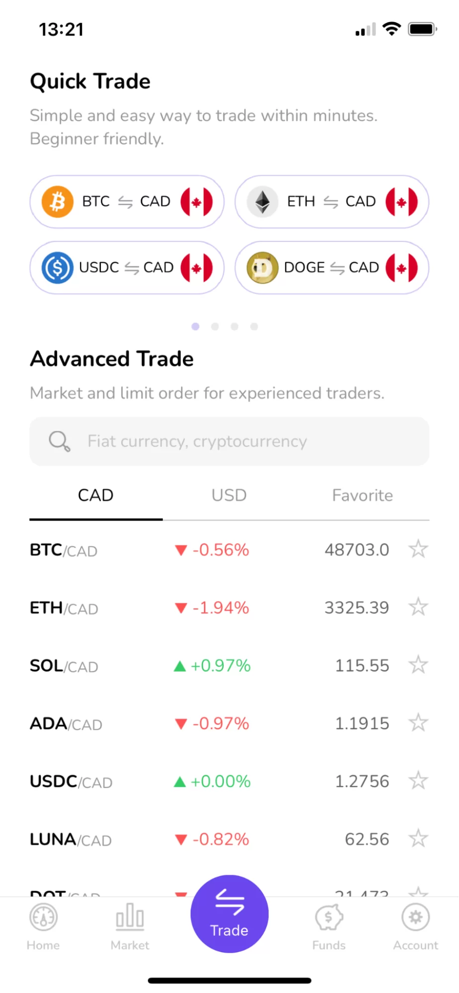 Quick trade and Advanced trade on VirgoCX mobile app