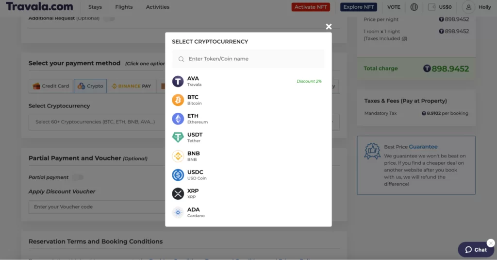Selecting crypto coins for payment at Travala