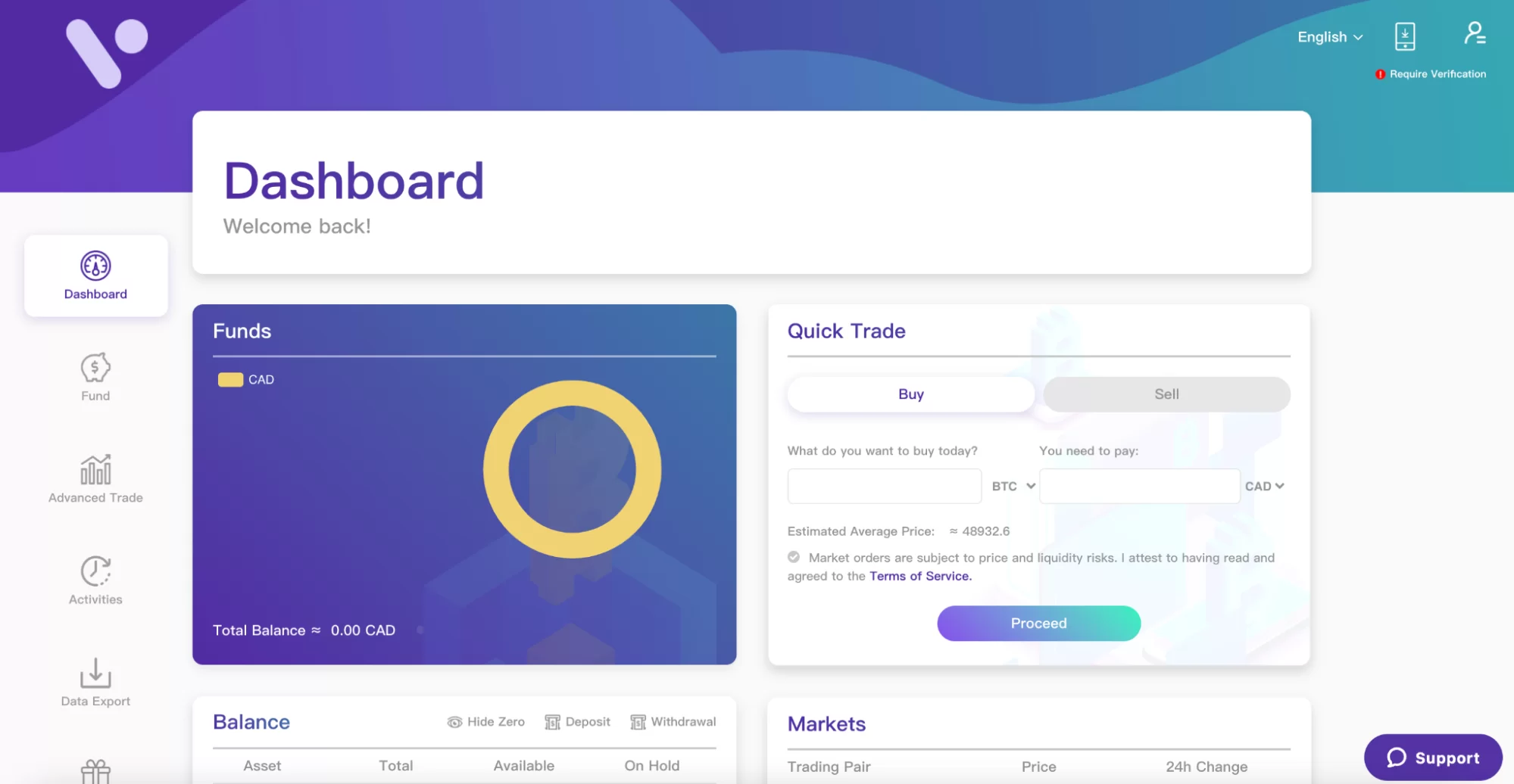 Main dashboard on VirgoCX