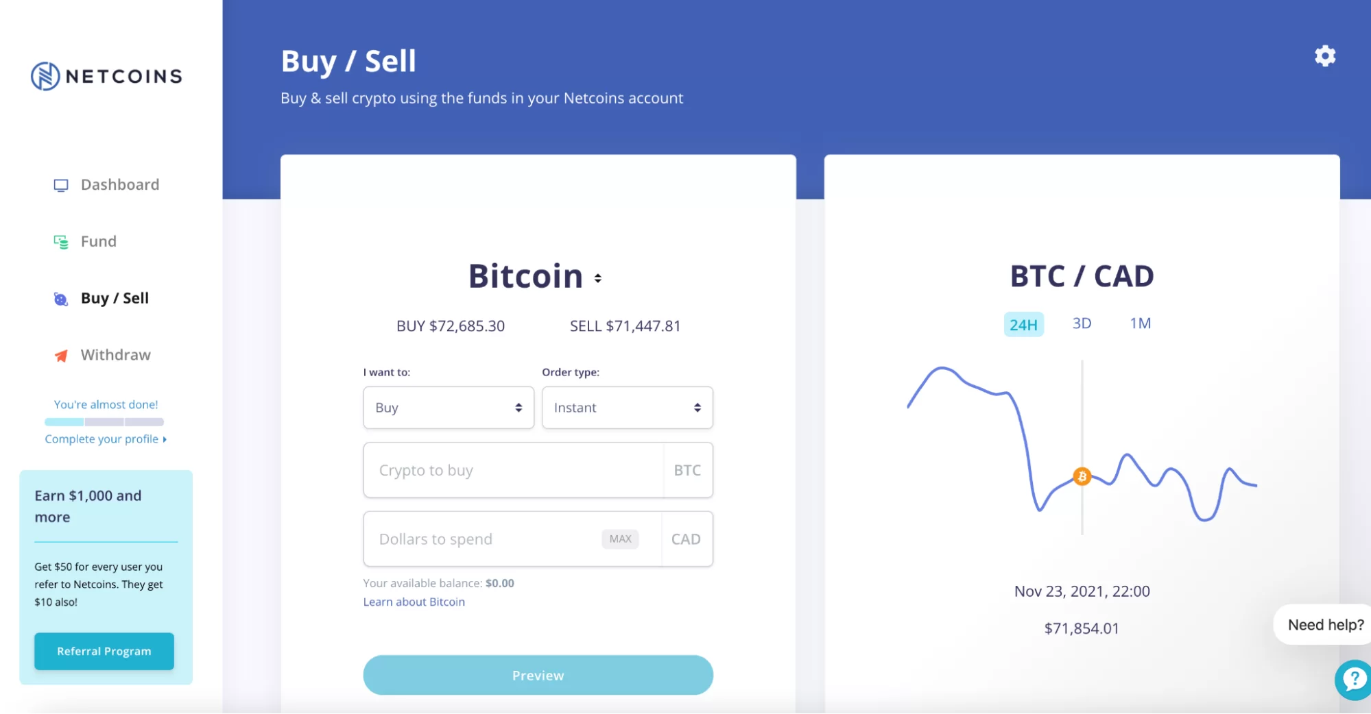 Netcoins trading screen