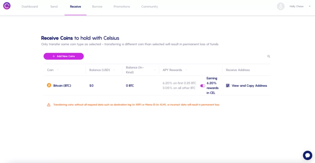 Sending crypto in Celcius  app