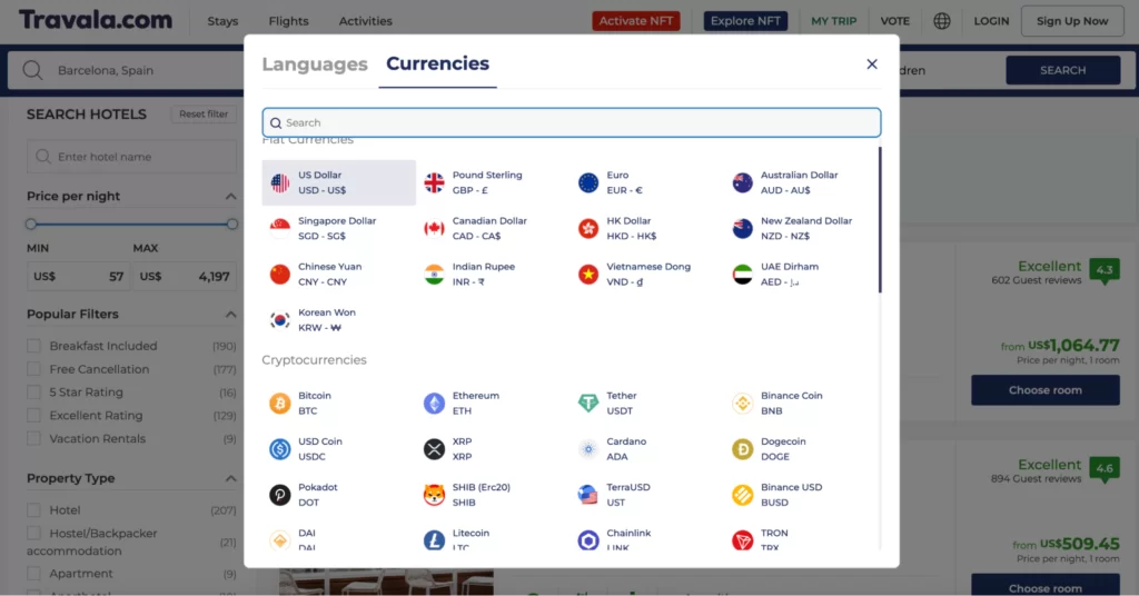 payment methods on Travala