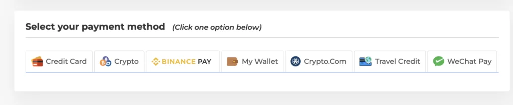 Payment options on Travala