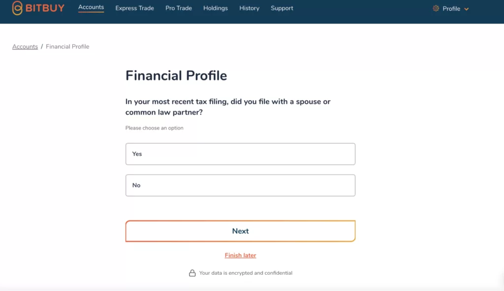 Filling out financial profile form with BitBuy