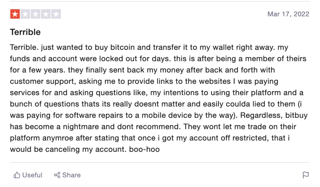 A Bitbuy review showing a one-star rating and a negative customer experience.