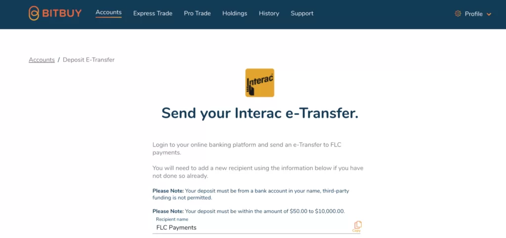 Sending e-transfer to Bitbuy crypto exchange