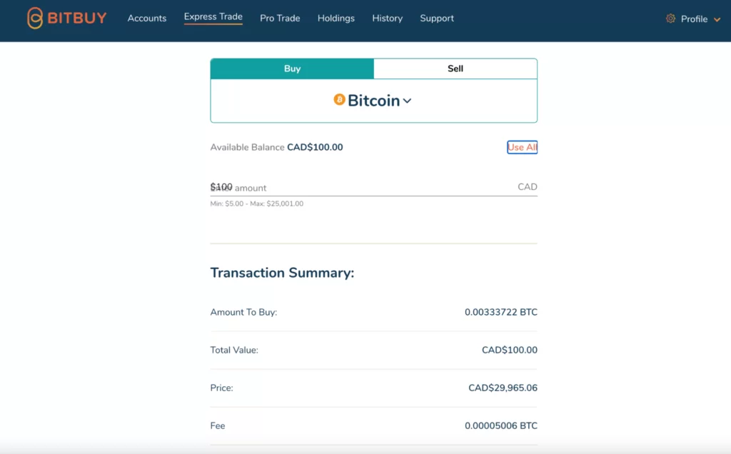 Depositing $100 to BitBuy's account