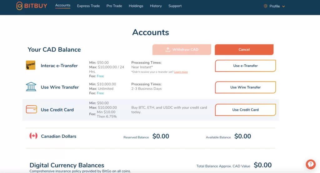 Deposit options on BitBuy's Express Pro Trade