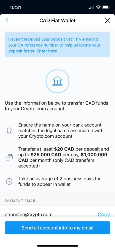 Depositing CAD with crypto.com