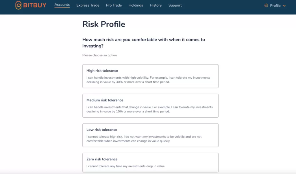 Reviewing risk profile form with Bitbuy