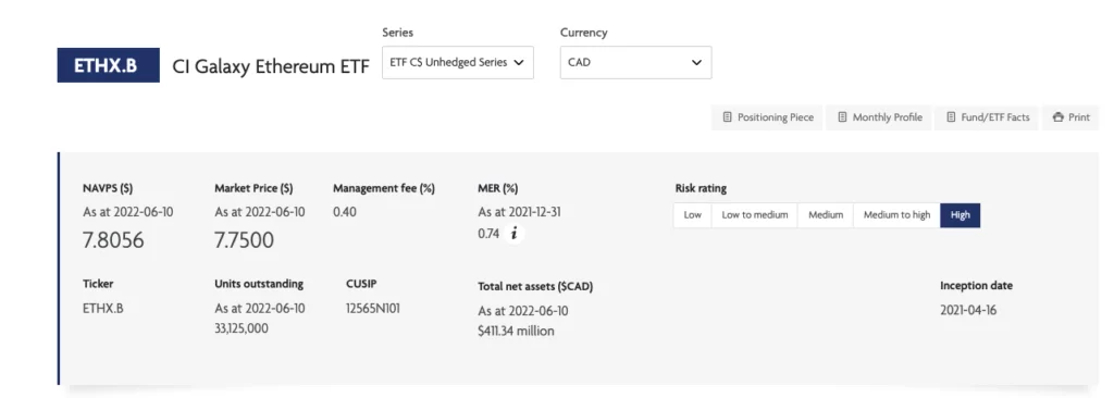 CI Galaxy Ethereum web page