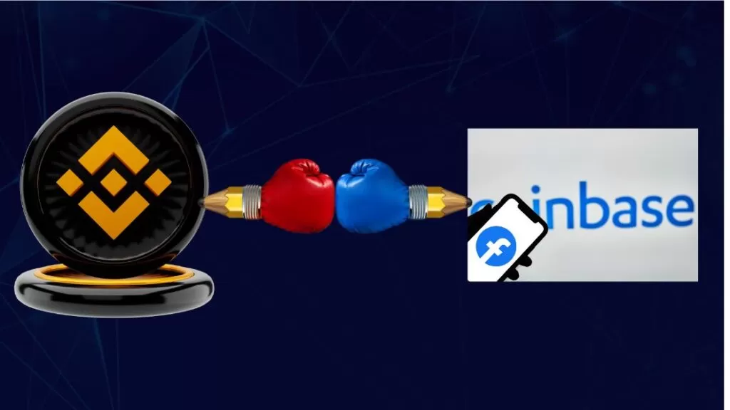 Binance logo and Coinbase logo connected by pencils with boxing gloves, illustrating Coinbase cuts new hires while Binance expands.