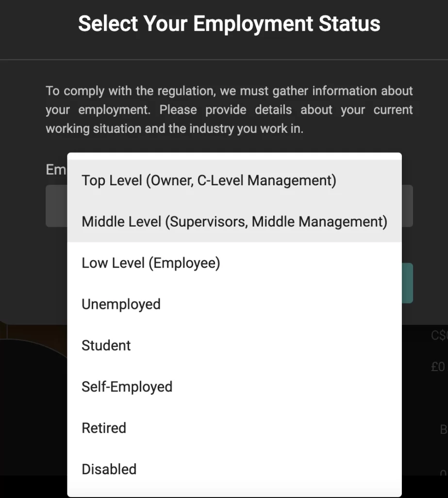 Employment questions while registering with Coinfield