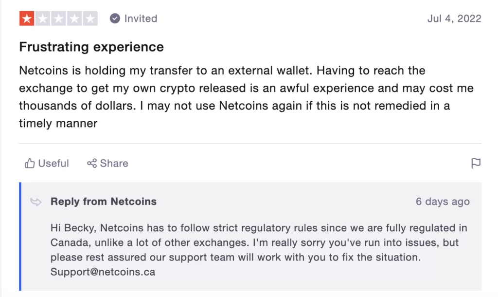 Negative review for Netcoins on Trustpilot