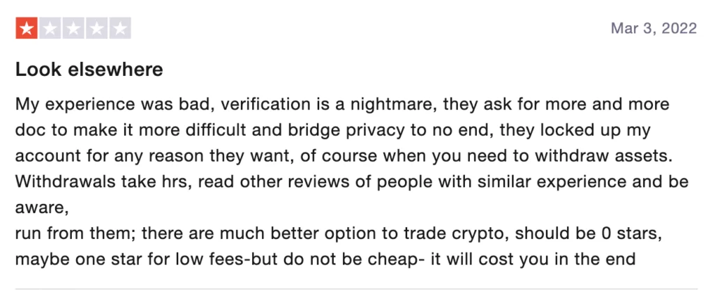 Negative customer review for Coinberry