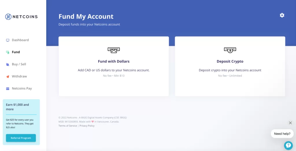 Funding money to our account with Netcoins