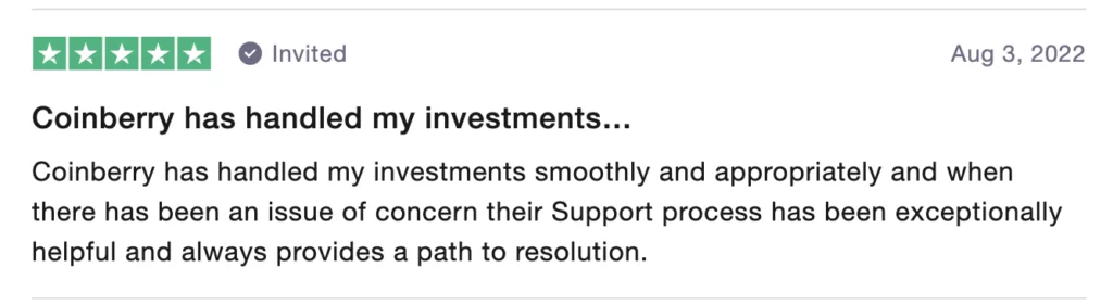 Positive review for Coinberry on trustpilot #1