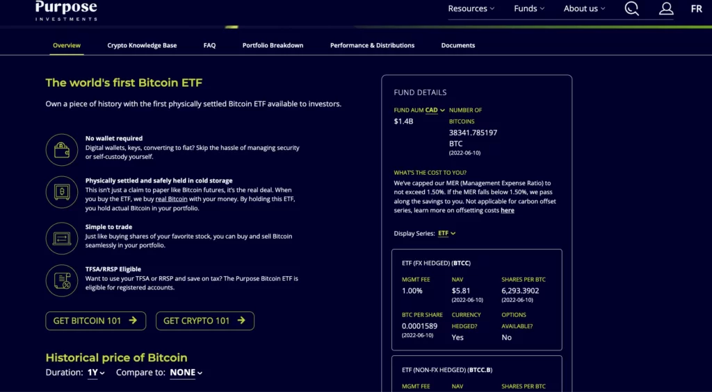 A screenshot of the Purpose Investments website detailing the Purpose Bitcoin ETF (BTCC) in Canada.
